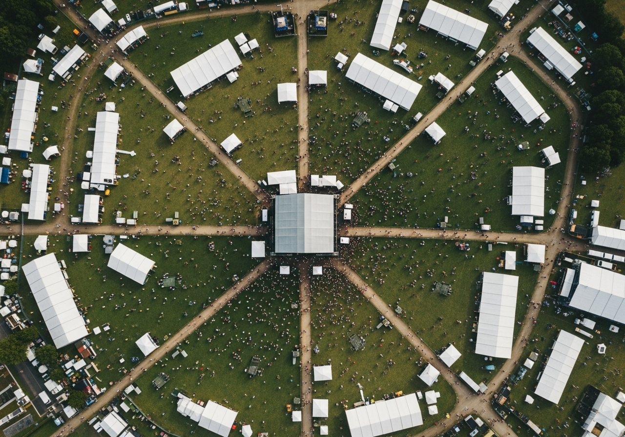 Aerial view of an outdoor event venue and crowd from above