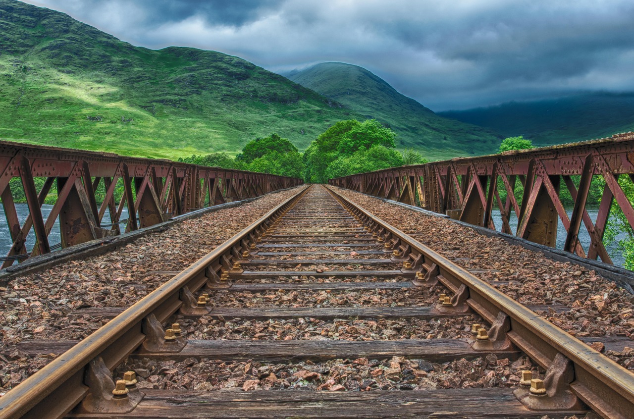 Aerial view of railway lines curving through green countryside
